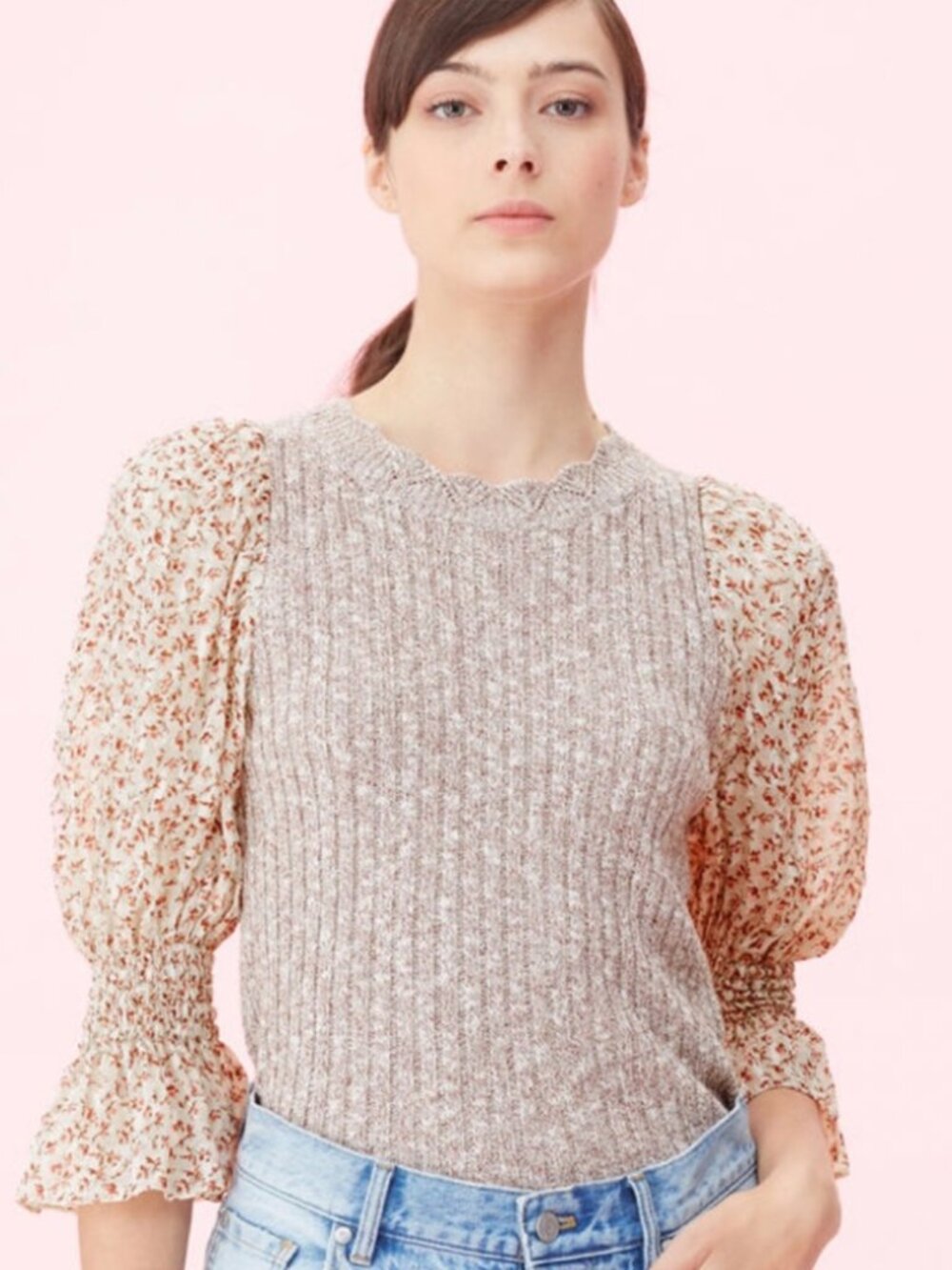 Rebecca Taylor Francesca Sleeve Pullover Sweater in Cinnamon Tweed size Medium